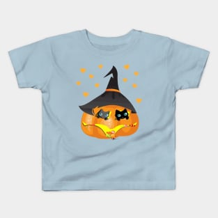 Black and Gray Cat in a Pumpkin House with Sweets Kids T-Shirt